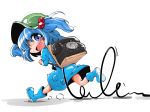  1girl blue_eyes blue_hair boots hair_bobbles hair_ornament hair_over_one_eye hat highres kawashiro_nitori long_sleeves looking_back open_mouth phone rubber_boots running shadow shinapuu simple_background skirt skirt_set solo touhou twintails white_background wire 