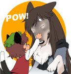  2girls animal_ears brown_hair cat_ears cat_tail chen imaizumi_kagerou imaizumi_kagerou_(wolf) multiple_girls multiple_tails onikobe_rin tail touhou wolf_ears zun_hat 