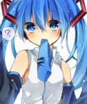  1girl ? blue_eyes blue_hair blush detached_sleeves hatsune_miku long_hair looking_at_viewer mouth_hold necktie simple_background solo twintails vocaloid white_background yuruno 