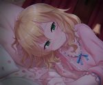  1girl blonde_hair blush erokosei green_eyes heart heart-shaped_pupils idolmaster idolmaster_cinderella_girls looking_at_viewer pajamas petals sakurai_momoka short_hair smile solo symbol-shaped_pupils 