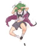  1girl antennae blush cape green_hair highres kuro_suto_sukii looking_at_viewer lying navel on_back shirt_lift shoes_removed short_hair simple_background solo torn_clothes touhou white_background wince wriggle_nightbug 