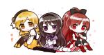  3girls akemi_homura bare_shoulders beret black_hair black_legwear blonde_hair boots bow brown_legwear chibi detached_sleeves drill_hair fc_(efushii) flower hair_bow hair_ornament hairband hairpin hand_on_own_cheek hat leg_hug long_hair looking_at_viewer magical_girl mahou_shoujo_madoka_magica multiple_girls pantyhose ponytail puffy_sleeves red_eyes red_ribbon redhead ribbon sakura_kyouko simple_background sitting skirt striped striped_legwear thigh-highs tomoe_mami twin_drills vertical-striped_legwear vertical_stripes violet_eyes white_background yellow_eyes zettai_ryouiki 