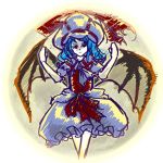  1girl arms_up ascot bat_wings blue_hair crossed_legs dress frilled_dress frills hat justin_hsu line_shading long_hair moon red_eyes red_ribbon remilia_scarlet ribbon round_image short_sleeves simple_background solo standing touhou white_background wings 