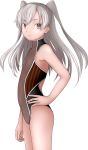  1girl amatsukaze_(kantai_collection) brown_eyes competition_swimsuit flat_chest hands_on_hips highres kantai_collection long_hair one-piece_swimsuit silver_hair swimsuit turtleneck twintails zero_(oilpone66) 