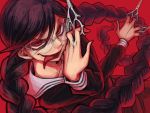  1girl black_hair braid dangan_ronpa fukawa_touko genocider_shou glasses looking_at_viewer panier2 red_background red_eyes sailor_collar school_uniform scissors simple_background solo spoilers tongue tongue_out twin_braids 
