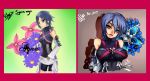  1girl 2013 aqua_(kingdom_hearts) aundre_thompson bare_shoulders before_and_after blue_eyes blue_hair breasts character_name comparison dated fingerless_gloves flower gloves kingdom_hearts kingdom_hearts_birth_by_sleep large_breasts lips progression shadow signature solo tagme 
