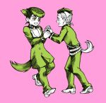  2boys animal_ears belt black_hair gakuran higashikata_jousuke holding_hands jojo_no_kimyou_na_bouken lowres monochrome multiple_boys nijimura_okuyasu open_mouth pink_background pompadour school_uniform sima_nozomu smile tail 