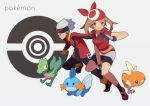  1boy 1girl bandana bike_shorts blue_eyes brown_hair copyright_name fanny_pack fingerless_gloves gloves hajime_(hajime-ill-1st) haruka_(pokemon) hat holding holding_poke_ball looking_at_viewer mudkip poke_ball poke_ball_print poke_ball_theme pokemon pokemon_(creature) pokemon_(game) pokemon_oras pokemon_rse short_hair smile torchic treecko yuuki_(pokemon) 