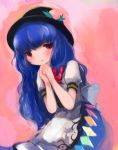  1girl blue_hair bow food fruit gradient gradient_background hands_on_own_chest hands_together hat hinanawi_tenshi layered_dress leaf long_hair looking_at_viewer maccha_cocoa parted_lips peach pink_background red_eyes short_sleeves simple_background solo touhou 