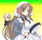  1boy 1girl animal_on_head apron axis_powers_hetalia bird black_gloves breasts brown_hair dress fang flower frying_pan gloves green_eyes hair_flower hair_ornament hungary_(hetalia) impossible_clothes juliet_sleeves large_breasts long_sleeves prussia_(hetalia) puffy_sleeves red_eyes silver_hair skirt_hold sousui_hani 