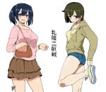  2girls adjusting_clothes adjusting_shoe alternate_costume bag bare_legs black_hair blue_eyes blush breasts brown_eyes brown_hair casual contemporary handbag hiryuu_(kantai_collection) hyouju_issei kantai_collection large_breasts looking_at_viewer multiple_girls open_mouth short_hair short_shorts shorts skirt smile souryuu_(kantai_collection) twintails white_background 