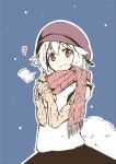  1girl animal_ears detached_sleeves food hat heart inubashiri_momiji kokutei_n looking_at_viewer pom_pom_(clothes) potato red_eyes scarf short_hair silver_hair smile snow solo sweet_potato tail touhou wolf_ears wolf_tail 