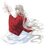  androgynous blue_eyes branch cherry_blossoms grey_hair hara_takehito highres japanese_clothes kimono long_hair original simple_background solo very_long_hair wavy_hair white_background 
