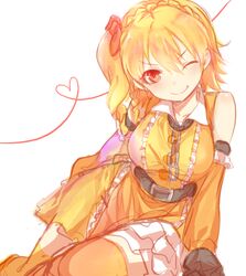  1girl apfl0515 bare_shoulders blonde_hair bow detached_sleeves dress frills hair_bow kagerou_project kisaragi_momo one_eye_closed orange_eyes rough short_hair side_ponytail smile solo thigh-highs wink 