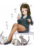  1girl ? bench blue_eyes blush brown_hair cat cellphone formal high_heels highres long_hair office_lady open_mouth original pantyhose phone sitting skirt_suit smartphone solo suit sweatdrop ushihashiru white_background 