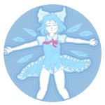  1girl blue_bow blue_hair bow cirno closed_eyes colored_eyelashes dress floating hair_bow ice ice_wings in_water justin_hsu legs lying muted_color on_back outline outstretched_arms red_ribbon ribbon ripples round_image short_sleeves simple_background solo spread_arms thighs touhou white_background wings 