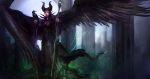  1girl bird black_wings crow disney feathered_wings highres horns maleficent solo staff thedurrrrian wallpaper wings 