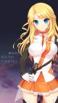  1girl blonde_hair blue_eyes blush breasts character_name closed_mouth culture_japan female gloves hand_on_hip highres impossible_clothes long_hair long_sleeves night_sky orange_skirt shirahane_nao skirt sky solo standing thigh-highs white_gloves yumeno_kizuna zettai_ryouiki 