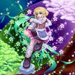 1girl arm_warmers blonde_hair cherry_blossoms flower green_eyes leg_warmers mizuhashi_parsee muyue_mitsudou open_mouth petals pixel_art pointy_ears scarf short_hair sleeveless solo touhou 