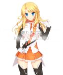  1girl blonde_hair blue_eyes blush character_name closed_mouth culture_japan female gloves hair_flip hand_on_hip impossible_clothes orange_skirt shirahane_nao simple_background skirt solo standing thigh-highs white_background white_gloves yumeno_kizuna zettai_ryouiki 