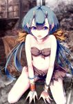  1girl bangle blue_hair bracelet fangs highres horns jewelry konkito long_hair looking_at_viewer navel oni open_mouth original pointy_ears solo twintails very_long_hair violet_eyes 