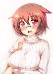  1girl animal_ears blush breasts brown_hair bust fang glasses large_breasts long_sleeves looking_at_viewer open_mouth original pink_eyes ribbed_sweater short_hair simple_background smile solo sweater tekehiro turtleneck turtleneck_sweater white_background 