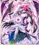  1girl akemi_homura akuma_homura argyle argyle_legwear bare_back bare_shoulders black_hair border bow choker colored_pencil_(medium) dark_orb_(madoka_magica) dress elbow_gloves feathers gloves hair_bow highres long_hair looking_at_viewer mahou_shoujo_madoka_magica mahou_shoujo_madoka_magica_movie sitting solo spoilers thigh-highs traditional_media violet_eyes zettai_ryouiki 