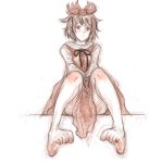  1girl barefoot between_legs blush feet hair_ornament highres kuro_suto_sukii looking_at_viewer monochrome multicolored_hair rough short_hair simple_background sitting sketch smile soles solo toes toramaru_shou touhou white_background 