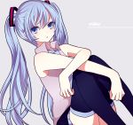  1girl blue_eyes blue_hair character_name hatsune_miku long_hair necktie shinogo_no sitting solo thigh-highs twintails very_long_hair vocaloid 