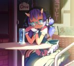  1girl ahoge aoi_tsunami bendy_straw blue_eyes blush chair cup dress glasses gloves highres long_hair looking_at_viewer oni_horns original purple_hair short_sleeves sitting smile solo table white_gloves 