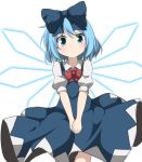  1girl alternate_hairstyle blue_dress blue_hair bow cirno do_(4-rt) dress hair_bow highres ice ice_wings looking_at_viewer puffy_short_sleeves puffy_sleeves shirt short_sleeves simple_background solo touhou v_arms white_background wings 