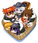  akatsuki_(kantai_collection) black_hair black_legwear brown_hair egg_roll flat_cap folded_ponytail food hat hibiki_(kantai_collection) hirai_yukio ikazuchi_(kantai_collection) inazuma_(kantai_collection) kantai_collection long_hair pantyhose picnic_basket rice sausage school_uniform serafuku short_hair tagme white_hair 