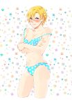  1girl bikini blonde_hair blush caesar_anthonio_zeppeli covering covering_breasts facial_mark flower genderswap green_eyes hair_ornament hairclip jojo_no_kimyou_na_bouken kaname-san polka_dot polka_dot_bikini polka_dot_swimsuit solo swimsuit 