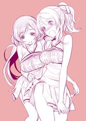  2girls ayase_eli blush cheerleader long_hair love_live!_school_idol_project monochrome multiple_girls mytyl ponytail skirt surprised toujou_nozomi twintails 