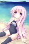  1girl beach hakamada_hinata long_hair pink_hair rou-kyuu-bu! sitting thigh-highs toine_hoko violet_eyes wariza 