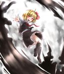 1girl :d blonde_hair blouse darkness fang frilled_skirt frills glowing glowing_eyes hair_ribbon mousou necktie open_mouth red_eyes ribbon rumia short_hair skirt smile touhou vest 