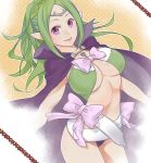  1girl bow breasts cape circlet cleavage fire_emblem fire_emblem:_kakusei green_hair jewelry large_breasts long_hair looking_at_viewer mamoru_(pixiv) nowi_(fire_emblem) older pendant pointy_ears ponytail smile solo violet_eyes 
