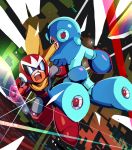  2boys android arm_cannon blue_eyes blues_(rockman) coramune helmet multiple_boys open_mouth rockman rockman_(character) rockman_(classic) scarf sunglasses weapon 