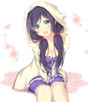  1girl blue_hair blush breasts cleavage green_eyes hood jiino long_hair looking_at_viewer love_live!_school_idol_project open_mouth sitting solo toujou_nozomi twintails 