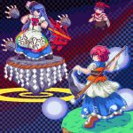 3girls blue_eyes blue_hair bow checkered checkered_background food frills fruit hair_bobbles hair_ornament hat hinanawi_tenshi keystone long_hair long_skirt multiple_girls muyue_mitsudou nagae_iku onozuka_komachi peach pixel_art purple_hair red_eyes redhead rope scythe shawl shimenawa short_hair skirt smile sword_of_hisou touhou twintails