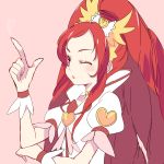  1girl cure_ace dokidoki!_precure heart long_hair madoka_aguri magical_girl nana_melon pink_background ponytail precure red_eyes redhead simple_background solo wink wrist_cuffs 