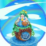  1girl basket bow clouds daiyousei dress fairy_wings green_eyes green_hair hair_bow hair_ribbon long_hair looking_at_viewer muyue_mitsudou open_mouth rainbow ribbon side_ponytail sitting sky smile solo touhou wariza water wings 