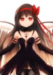  1girl akemi_homura akuma_homura argyle argyle_legwear bare_shoulders black_hair bow choker dress elbow_gloves feathered_wings gloves hair_bow long_hair looking_at_viewer mahou_shoujo_madoka_magica mahou_shoujo_madoka_magica_movie red_eyes simple_background smile solo spoilers thigh-highs white_background wings zettai_ryouiki 