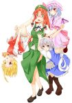  4girls ankle_socks apron arm_around_waist arm_grab arms_up ascot bat_wings blonde_hair bloomers blue_eyes blue_hair blush boots bow braid breast_grab breasts facing_away flandre_scarlet green_eyes hair_bow hanging hat hong_meiling izayoi_sakuya long_hair looking_at_viewer maid_headdress mob_cap mouth_pull multiple_girls open_mouth red_eyes redhead remilia_scarlet short_hair short_sleeves silver_hair simple_background skirt skirt_set squatting star totororo touhou triangle_mouth twin_braids underwear upside-down waist_apron white_background wings 