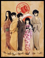  ahoge bangs black_eyes black_hair blunt_bangs brown_eyes character_request family glasses highres itoshiki_kei itoshiki_mikoto itoshiki_nozomu itoshiki_rin japanese_clothes kimono long_hair okumura_(mdh) sandals sayonara_zetsubou_sensei smile traditional_clothes yukata 