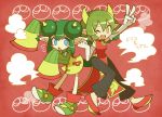  2girls :o ;d arm_up blue_eyes character_name china_dress chinese_clothes dadadanoda double_bun draco_centauros female gloves green_hair horns madou_monogatari multiple_girls official_style one_eye_closed open_mouth pants pointy_ears puyopuyo puyopuyo_fever red_background rider_(puyopuyo) shoes short_hair sleeves_past_wrists smile standing v wink yellow_eyes 