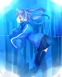  1girl ahoge apfl0515 blue_eyes blue_hair ene_(kagerou_project) headphones kagerou_project long_hair oversized_clothes rough skirt thigh-highs track_jacket turtleneck twintails zettai_ryouiki 