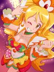  1girl alternate_form blonde_hair boots breasts cleavage coconut_samba cure_honey earrings eyelashes gradient gradient_background hair_ornament happinesscharge_precure! happy jewelry large_breasts long_hair looking_at_viewer magical_girl midriff navel one_eye_closed oomori_yuuko ponytail precure shirt smile solo tj-type1 wink wrist_cuffs yellow_eyes 