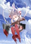  1girl airplane amatsukaze_(kantai_collection) brown_eyes clouds cloudy_sky condensation_trail highres hoshi_umi kantai_collection personification rensouhou-kun sky turret twintails white_hair 