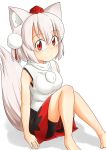  1girl animal_ears bare_shoulders barefoot blush breasts detached_sleeves elu_butyo hat highres inubashiri_momiji looking_at_viewer pom_pom_(clothes) red_eyes short_hair silver_hair simple_background sitting smile solo tail tokin_hat touhou white_background wolf_ears wolf_tail 